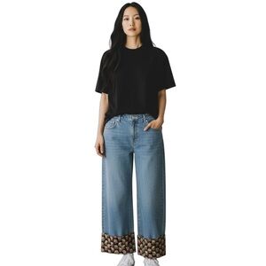 Bershka Blue Wide Leg Culotte Jeans with Cherry Pattern Cuffs